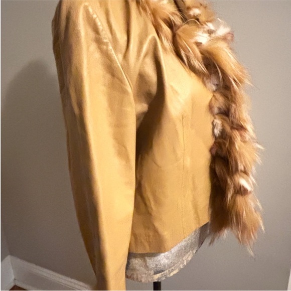 Cache Vintage Leather Jacket Rabbit Fur Trim Tan Cream Size Large - Picture 3 of 12